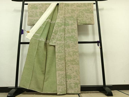 平和屋着物▽上質な小紋 単衣 お召地 流水花鳥文 正絹 逸品 AABC0703jh