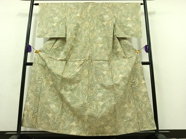 平和屋着物▽上質な紬 単衣 枝葉文 正絹 逸品 AABC0704jh