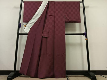 平和屋着物▽世界的友禅作家 千地泰弘 色無地 単衣 市松地紋 暗紅色 正絹 逸品 AABC0707jh