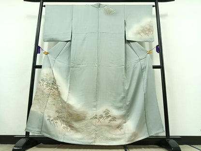 平和屋着物▽訪問着 単衣 刺繍 立波千鳥文 暈し染め 金糸 金銀彩 正絹 逸品 AABC0709jh