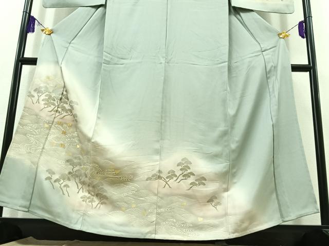 平和屋着物▽訪問着 単衣 刺繍 立波千鳥文 暈し染め 金糸 金銀彩 正絹 逸品 AABC0709jh