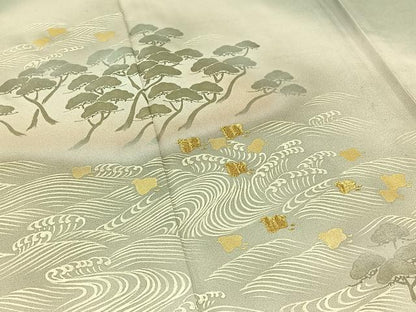 平和屋着物▽訪問着 単衣 刺繍 立波千鳥文 暈し染め 金糸 金銀彩 正絹 逸品 AABC0709jh