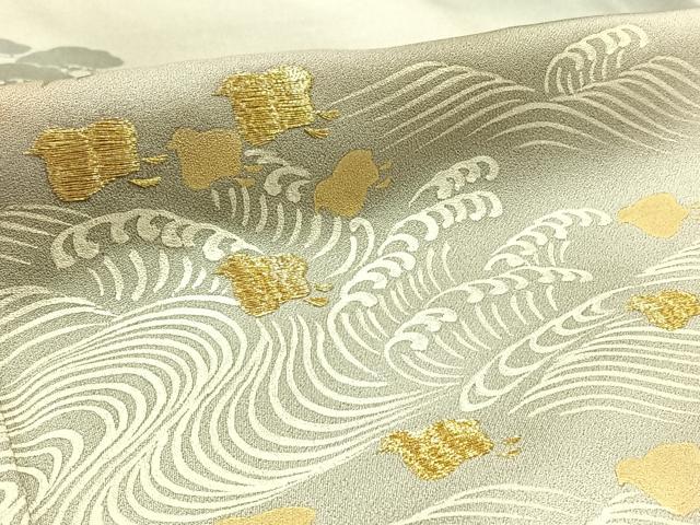 平和屋着物▽訪問着 単衣 刺繍 立波千鳥文 暈し染め 金糸 金銀彩 正絹 逸品 AABC0709jh