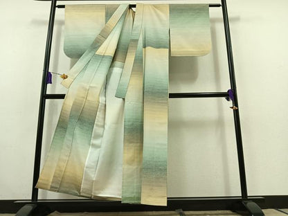 平和屋着物▽上質な紬 単衣 横段文 正絹 逸品 AABC0710jh