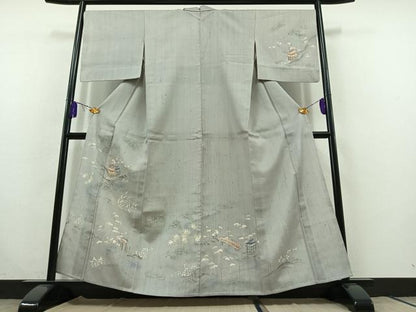 平和屋着物▽訪問着 単衣 生紬 手描き 風景文 正絹 逸品 AABC0711jh