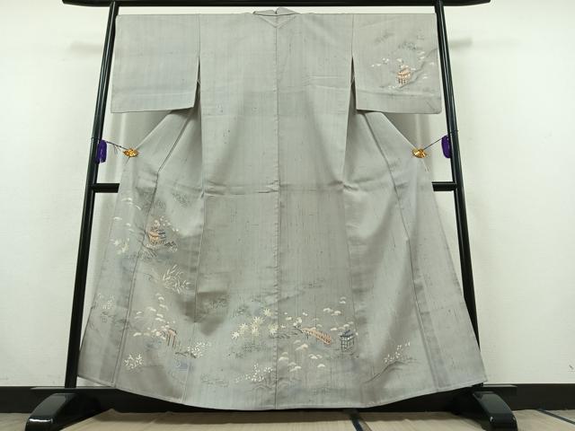 平和屋着物▽訪問着 単衣 生紬 手描き 風景文 正絹 逸品 AABC0711jh