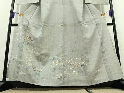 平和屋着物▽訪問着 単衣 生紬 手描き 風景文 正絹 逸品 AABC0711jh