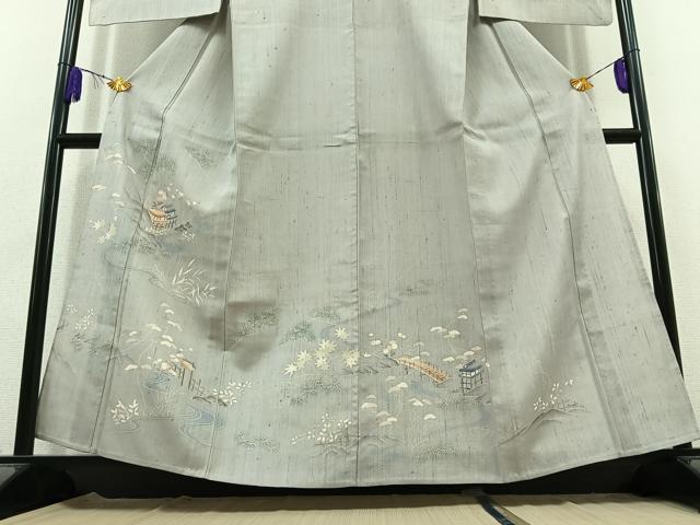 平和屋着物▽訪問着 単衣 生紬 手描き 風景文 正絹 逸品 AABC0711jh