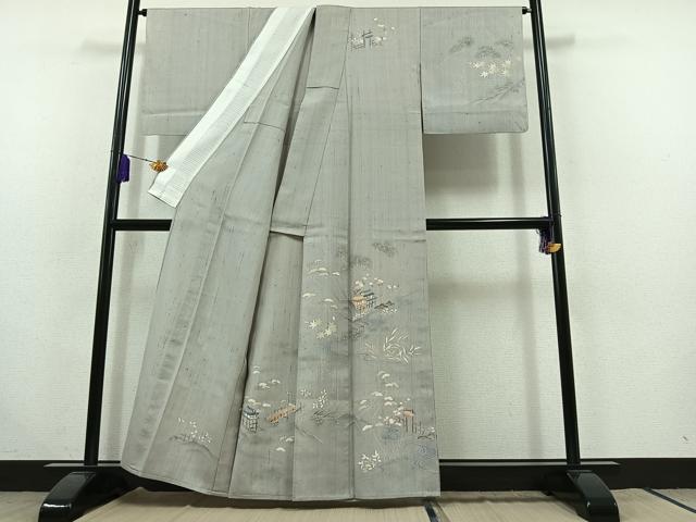 平和屋着物▽訪問着 単衣 生紬 手描き 風景文 正絹 逸品 AABC0711jh
