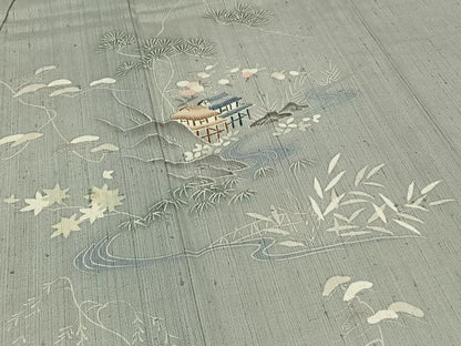 平和屋着物▽訪問着 単衣 生紬 手描き 風景文 正絹 逸品 AABC0711jh