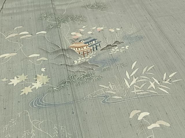 平和屋着物▽訪問着 単衣 生紬 手描き 風景文 正絹 逸品 AABC0711jh