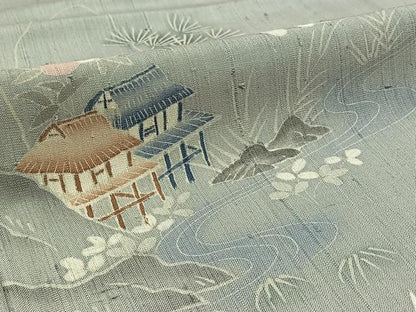 平和屋着物▽訪問着 単衣 生紬 手描き 風景文 正絹 逸品 AABC0711jh
