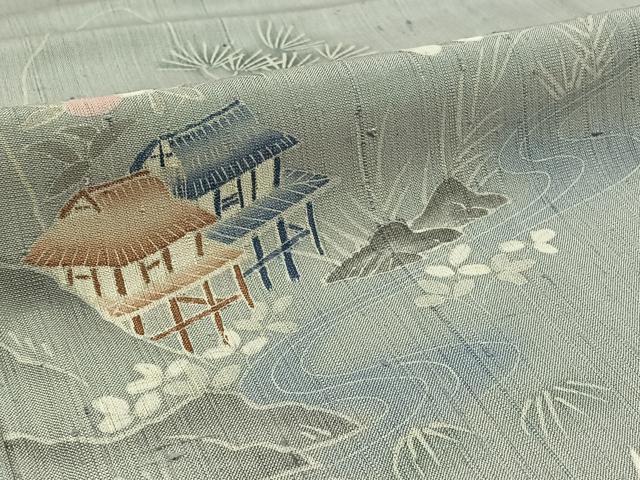 平和屋着物▽訪問着 単衣 生紬 手描き 風景文 正絹 逸品 AABC0711jh