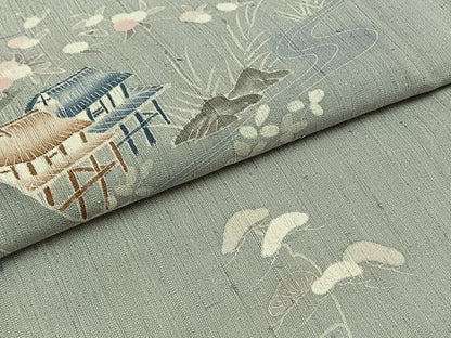 平和屋着物▽訪問着 単衣 生紬 手描き 風景文 正絹 逸品 AABC0711jh