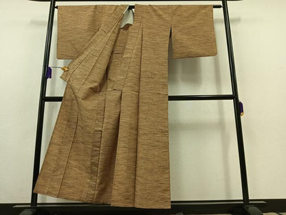 平和屋着物▽上質な紬　単衣　横段文　正絹　逸品　AABC0714jh