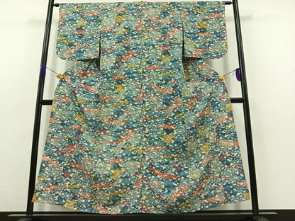 平和屋着物▽上質な紬 単衣 型染め 草花文 正絹 逸品 AABC0717jh