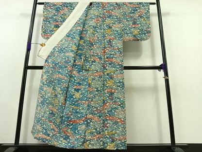 平和屋着物▽上質な紬 単衣 型染め 草花文 正絹 逸品 AABC0717jh
