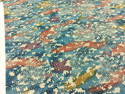 平和屋着物▽上質な紬 単衣 型染め 草花文 正絹 逸品 AABC0717jh