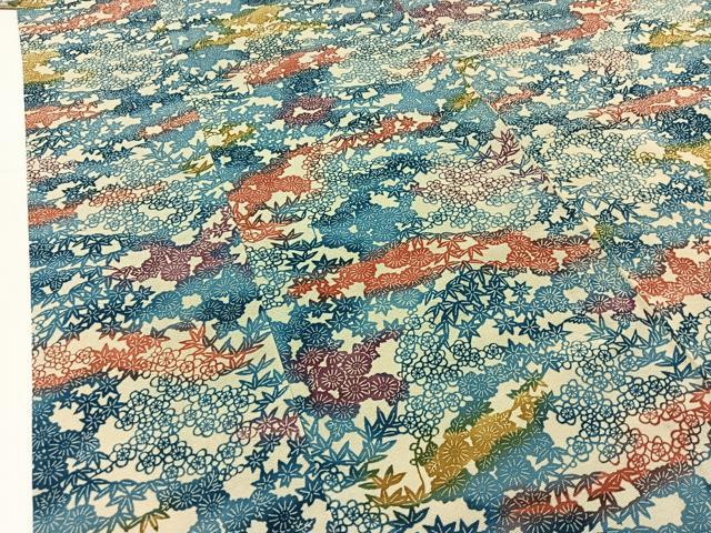 平和屋着物▽上質な紬 単衣 型染め 草花文 正絹 逸品 AABC0717jh