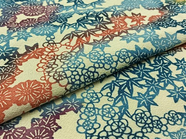 平和屋着物▽上質な紬 単衣 型染め 草花文 正絹 逸品 AABC0717jh