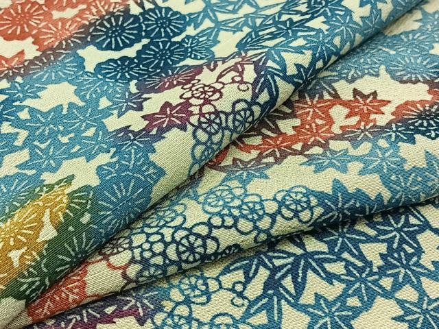平和屋着物▽上質な紬 単衣 型染め 草花文 正絹 逸品 AABC0717jh