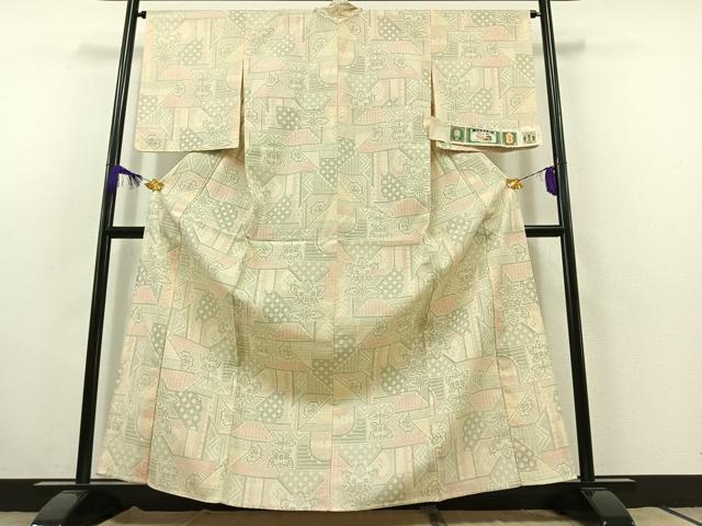 平和屋着物▽お召 単衣 はなゆき絣 反端付き 正絹 逸品 AABC0718jh