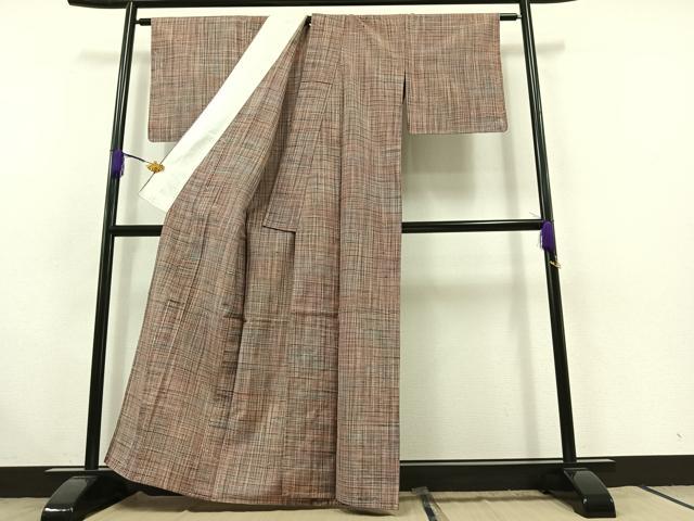 平和屋着物▽上質な紬 単衣 格子 正絹 逸品 AABC0719jh