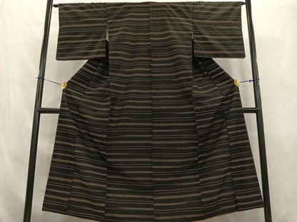 平和屋着物■上質な紬　横縞　黒地　正絹　逸品　AABC0738oa