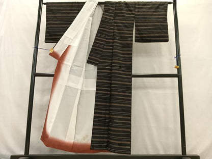 平和屋着物■上質な紬　横縞　黒地　正絹　逸品　AABC0738oa