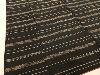 平和屋着物■上質な紬　横縞　黒地　正絹　逸品　AABC0738oa