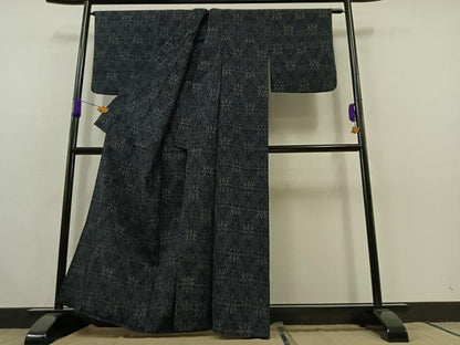 平和屋着物▽本塩沢 単衣 幾何学文様 正絹 逸品 AABC1202jh