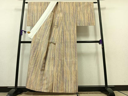 平和屋着物▽上質な紬 単衣 変わり斜縞 正絹 逸品 AABC1211jh