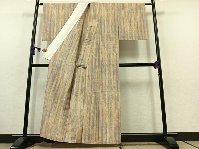 平和屋着物▽上質な紬 単衣 変わり斜縞 正絹 逸品 AABC1211jh