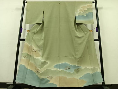 平和屋着物▽訪問着 単衣 刺繍 地紙花文 暈し染め 金糸 正絹 逸品 AABC1212jh