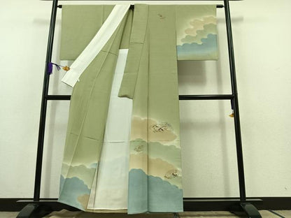 平和屋着物▽訪問着 単衣 刺繍 地紙花文 暈し染め 金糸 正絹 逸品 AABC1212jh
