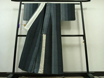 平和屋着物▽上質な紬 単衣 縞 正絹 逸品 AABC1218jh