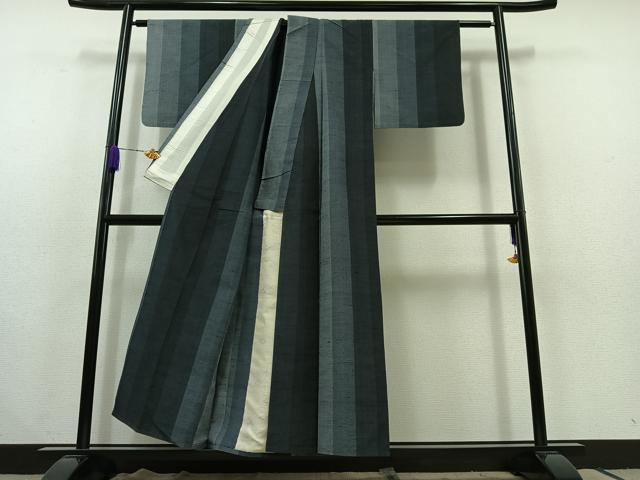 平和屋着物▽上質な紬 単衣 縞 正絹 逸品 AABC1218jh