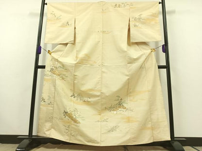 平和屋着物▽訪問着 単衣 紬地 風景文 正絹 逸品 AABC1223jh