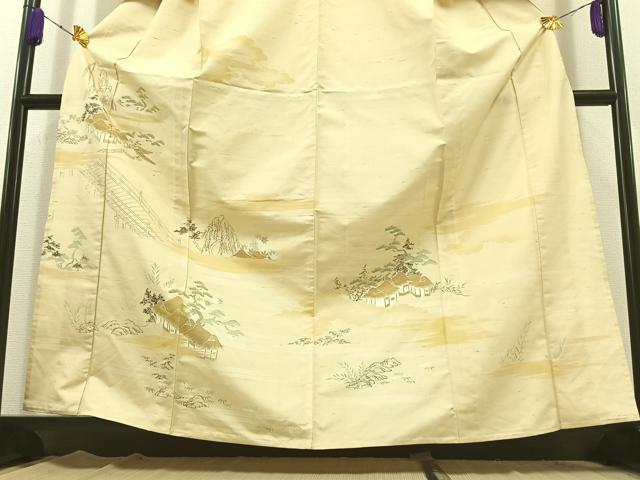 平和屋着物▽訪問着 単衣 紬地 風景文 正絹 逸品 AABC1223jh