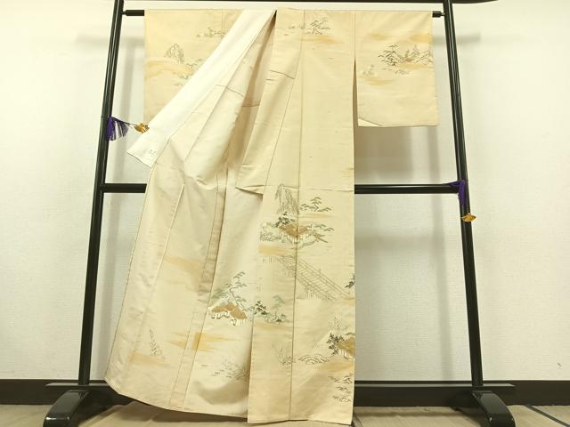 平和屋着物▽訪問着 単衣 紬地 風景文 正絹 逸品 AABC1223jh
