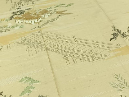 平和屋着物▽訪問着 単衣 紬地 風景文 正絹 逸品 AABC1223jh