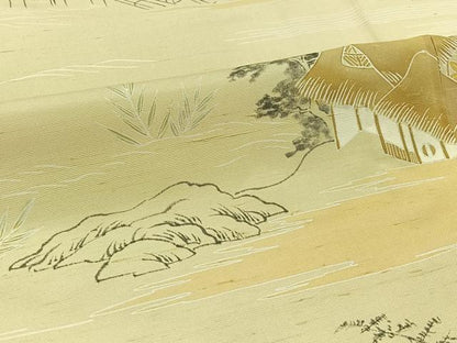 平和屋着物▽訪問着 単衣 紬地 風景文 正絹 逸品 AABC1223jh