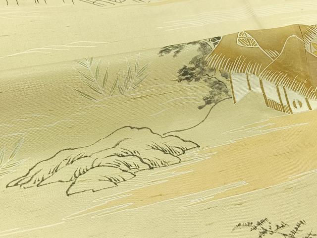 平和屋着物▽訪問着 単衣 紬地 風景文 正絹 逸品 AABC1223jh