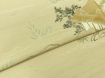平和屋着物▽訪問着 単衣 紬地 風景文 正絹 逸品 AABC1223jh