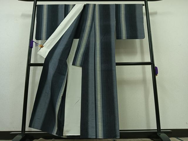 平和屋着物▽上質な紬 単衣 縞 正絹 逸品 AABC1225jh