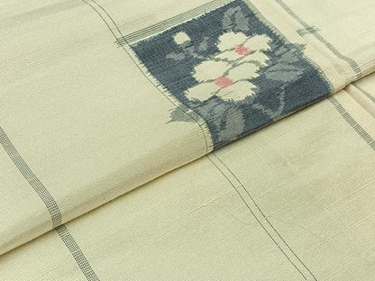 平和屋着物▽上質な紬 単衣 枝花文 正絹 逸品 AABC1226jh