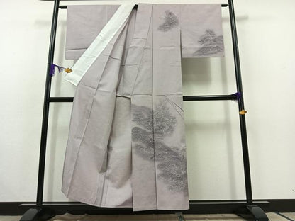 平和屋着物▽訪問着　単衣　紬地　風景花文　正絹　逸品　AABC1229jh