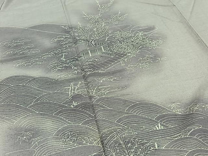 平和屋着物▽訪問着　単衣　紬地　風景花文　正絹　逸品　AABC1229jh