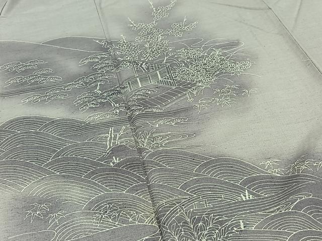平和屋着物▽訪問着　単衣　紬地　風景花文　正絹　逸品　AABC1229jh