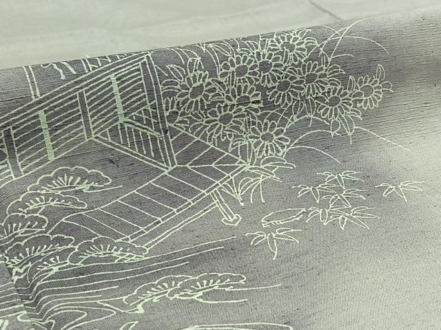 平和屋着物▽訪問着　単衣　紬地　風景花文　正絹　逸品　AABC1229jh